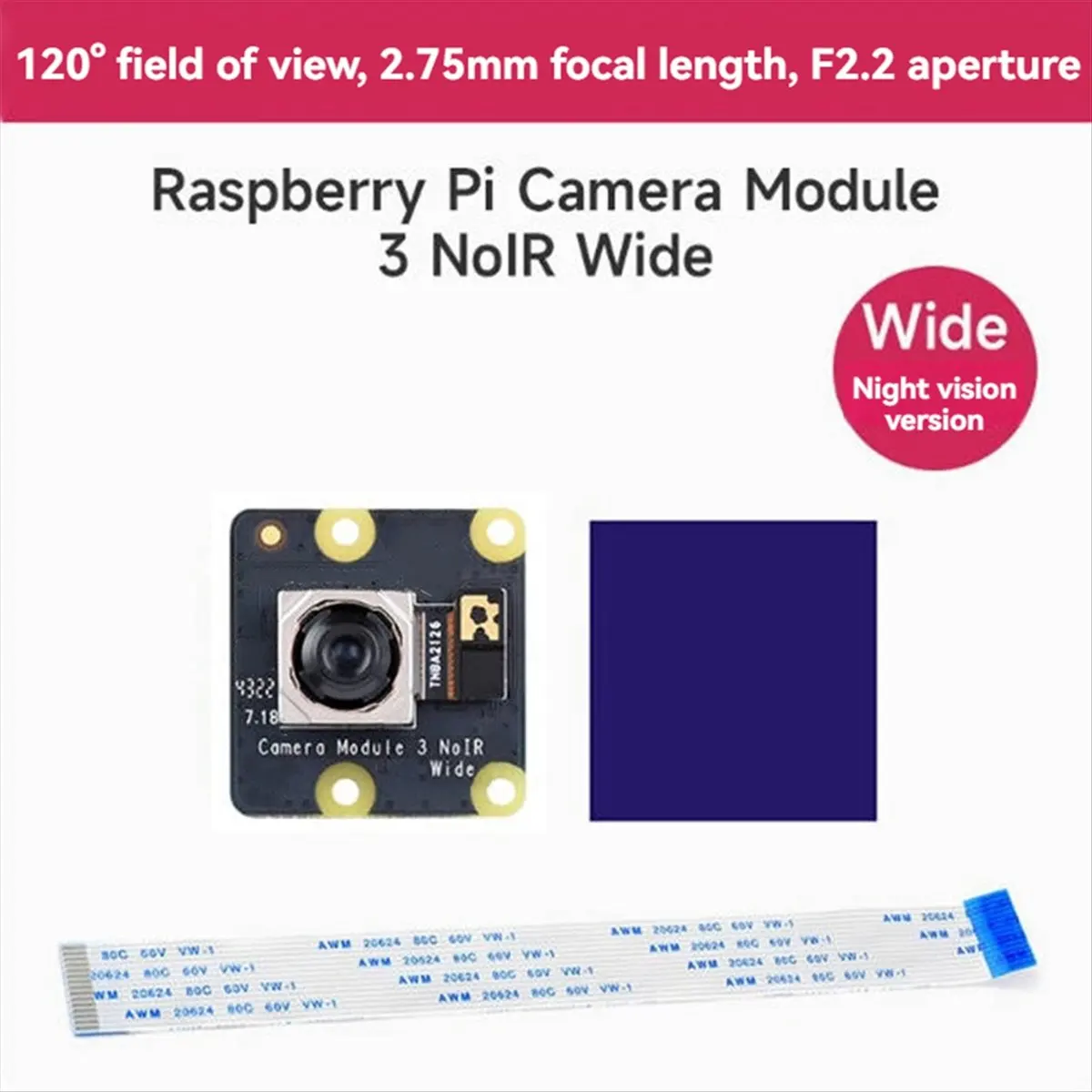 #47B Electronics Accessories,For Raspberry Pi Camera Module 3 Wide NoIR IMX708 11.9MP Field Angle (Plastic)