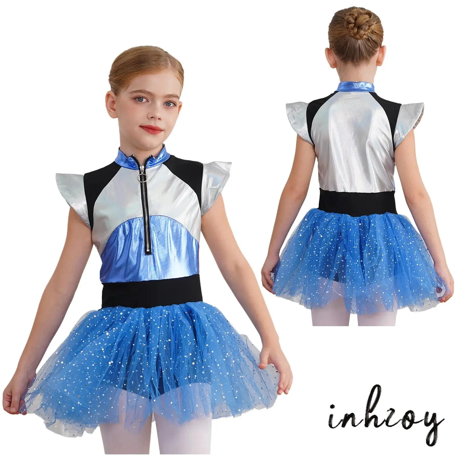 

Girls Alien Cosplay Costume glittering Mesh Tulle Tutu Ballet Dress Gymnastics Leotard Dancewear Halloween Fancy Dress Up