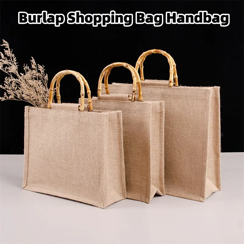 Large Capacity Shopping Bag Jute Shopping Bag Handbag With Bamboo Loop Handles Women Girls Tote Bag Portable Storage Beach Bags