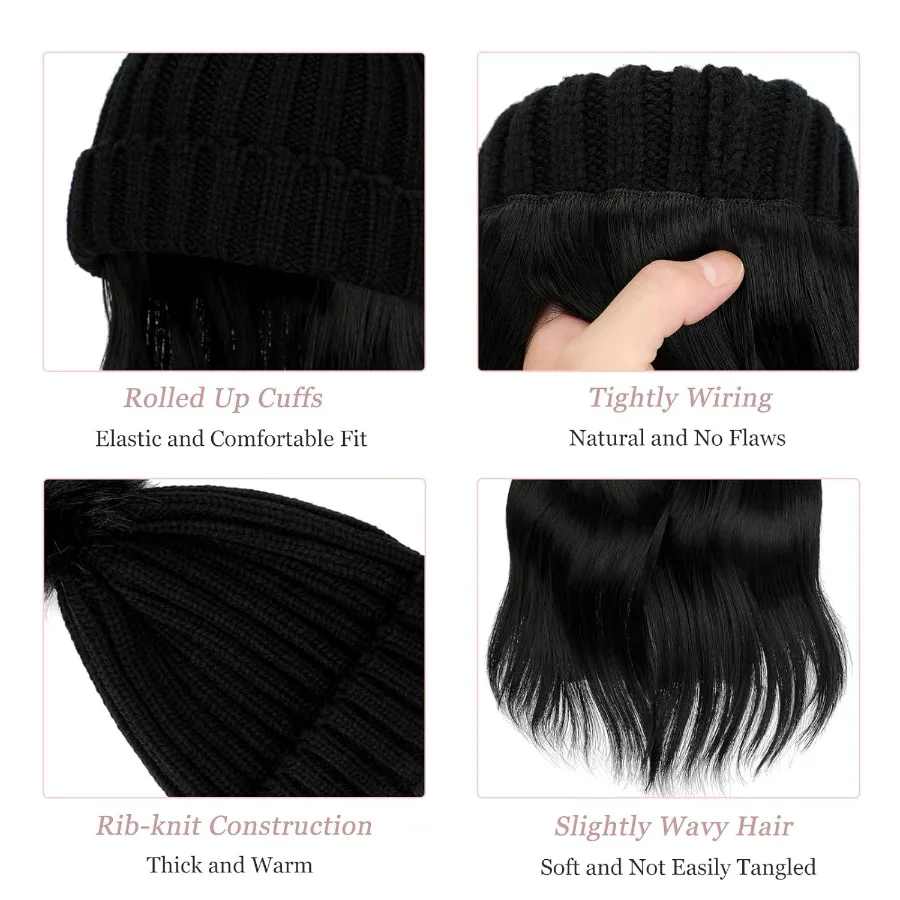 الشتاء المرأة الضلع قبعة متماسكة مع 14 '' انفصال مجعد متموج تطويلة شعر من الألياف شعر مستعار قبعة لدفء مريح وأنيق لوه