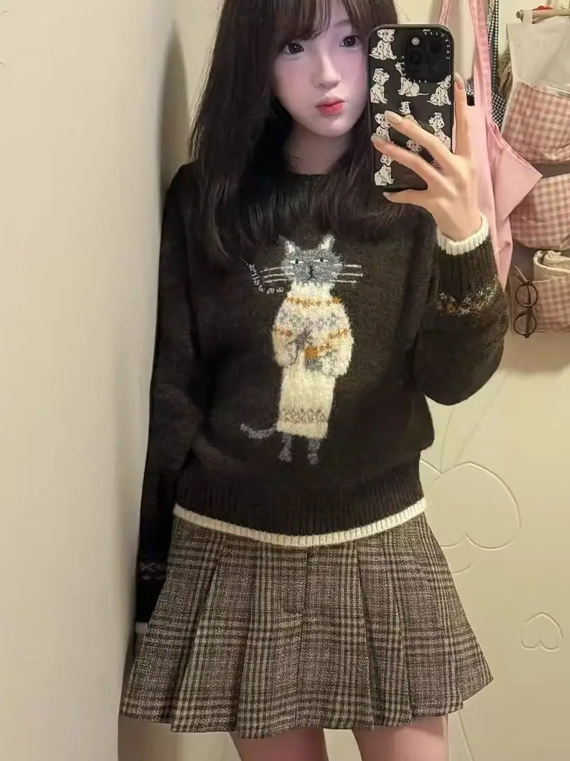 

Knitted Embroidery Sweater Women's Autumn Winter round Ne Pullover Soft Inner Wear Small Size Lazy Top Loose Fit Sle