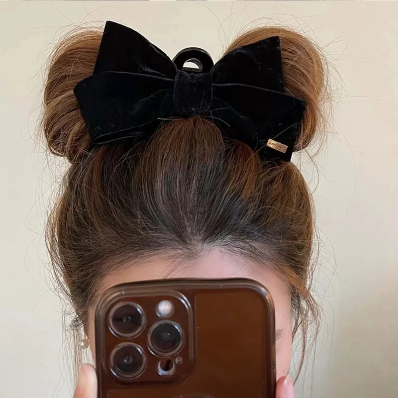 Velvet Hair Clips Black Double-Sided Bow Shark Clips Advanced Texture Women Back Head Hairpin Fashion Barrettes Hair Accessories