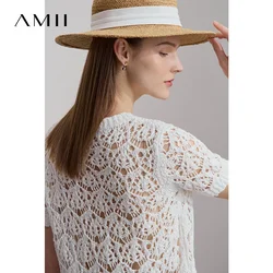 Amii Minimalist Women's Knitted Sweater Crew Neck Pullover 2025 Autumn Crochet Hollow Short Sleeve Elegant Loose Top 12541165