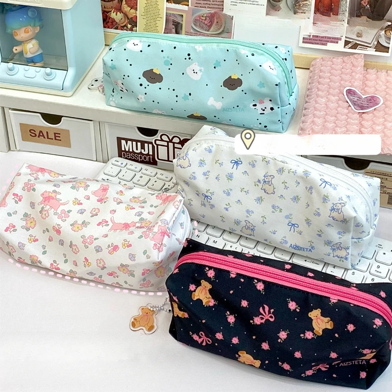 Cute Cartoon Student Only Pencil Case Sweet Floral Bear Kitten Bunny Stationery Storage Bag Portable Lovely School Pen Bag