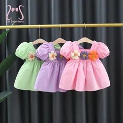 Summer Children Clothes Flower Simple Solid Color Puff Sleeve Baby Girl Dresses Thin Toddler Party Birthday Princess 0 To 3 Y