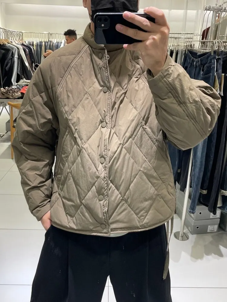 

Мужская модная двусторонняя куртка с ромбовидным узором, воротником-стойкой, на толстом теплом наполнителе из белого утиного пуха