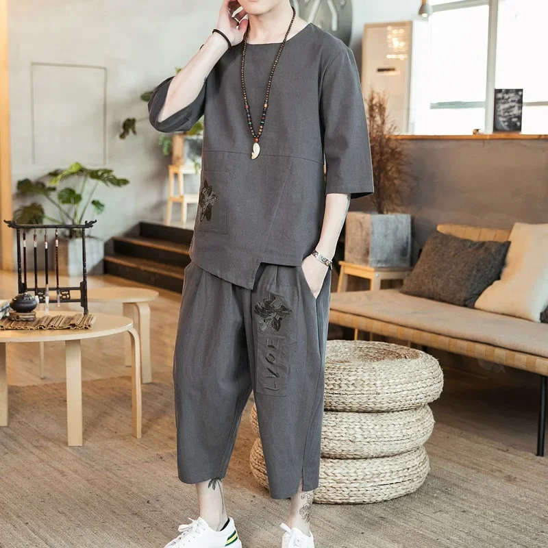 Traditional Chinese Style Summer Men Linen Tang Suit Short Sleeve T-Shirt Pant Clothing Set Oriental Kung Fu Costumes 10817