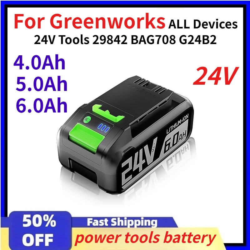 

24V 4.0Ah 5.0Ah 6.0Ah power tools battery for Greenworks ALL Devices 24V Tools 29842 BAG708 G24B2 Replacement lithium Battery
