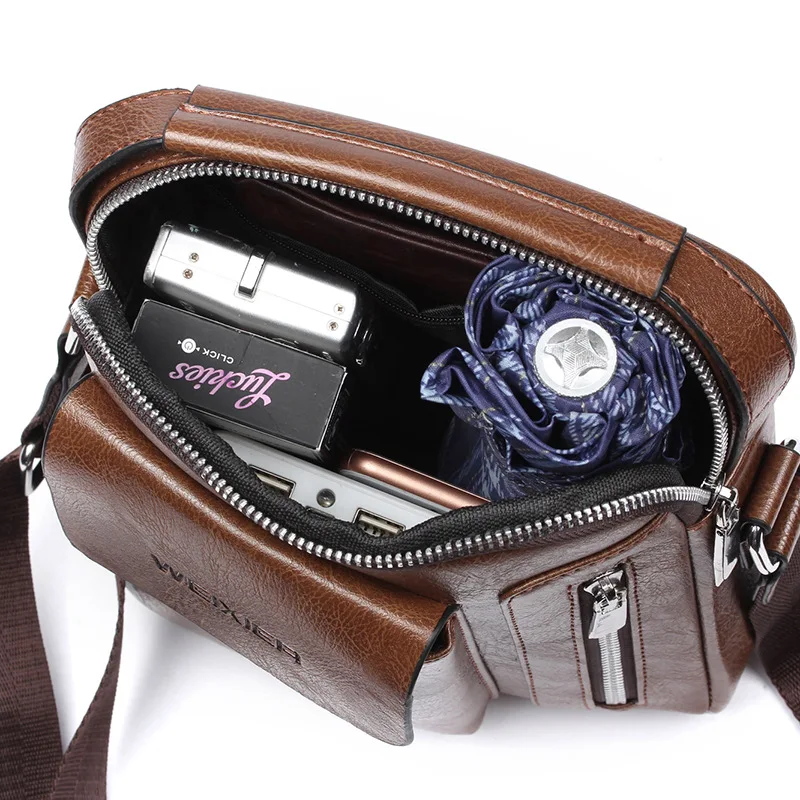 WEIXIER Men Retro Bag Simple Shoulder Business Famous Brand PU Leather Shoulder Messenger Bags IPad Office Handbag Travel Bag