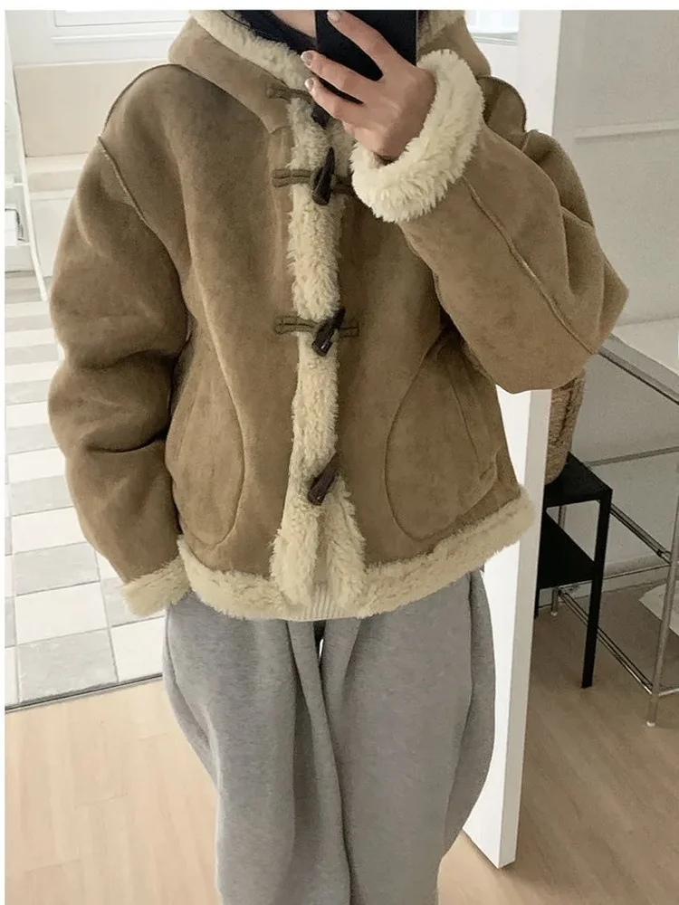 

Женское джатовое пальто с хлопковой подкладкой и меховой подкладкой из ягненка, повседневное пальто большого размера с капюшоном, теплая зимняя верхняя одежда на пуговицах