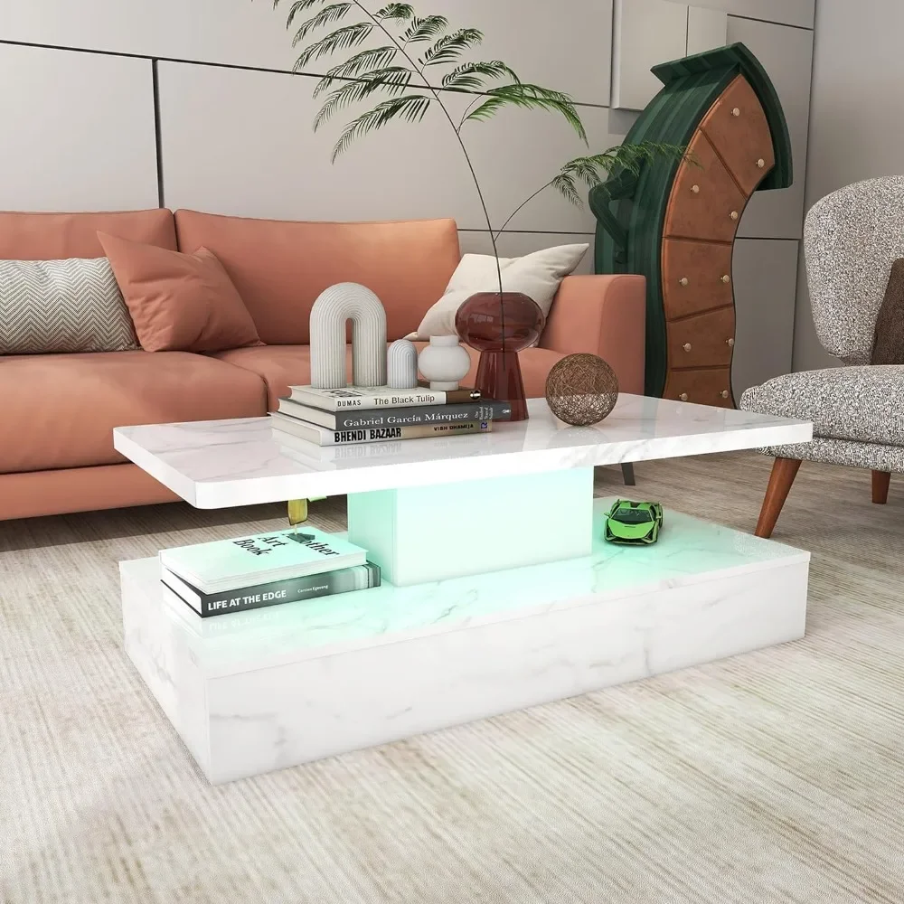 (Spring Sale) LED Coffee Table Marble Coffee Table with High Gloss Surface, Modern White Coffee Table