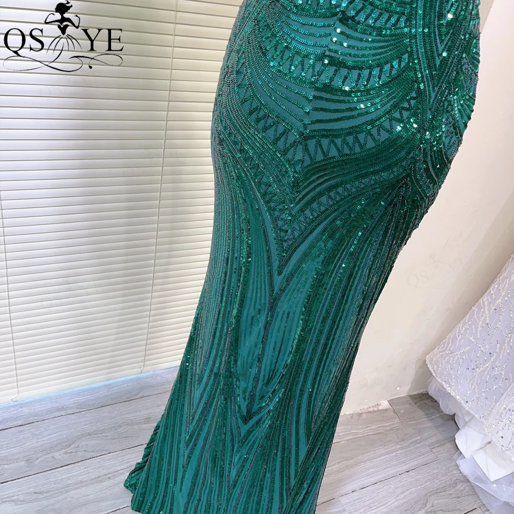 Spaghetti Straps V Neck Sequin Emerald Prom Dresses Full Mermaid Pattern LaceEvening Gown Party  Backless Fit Green Formal Dress