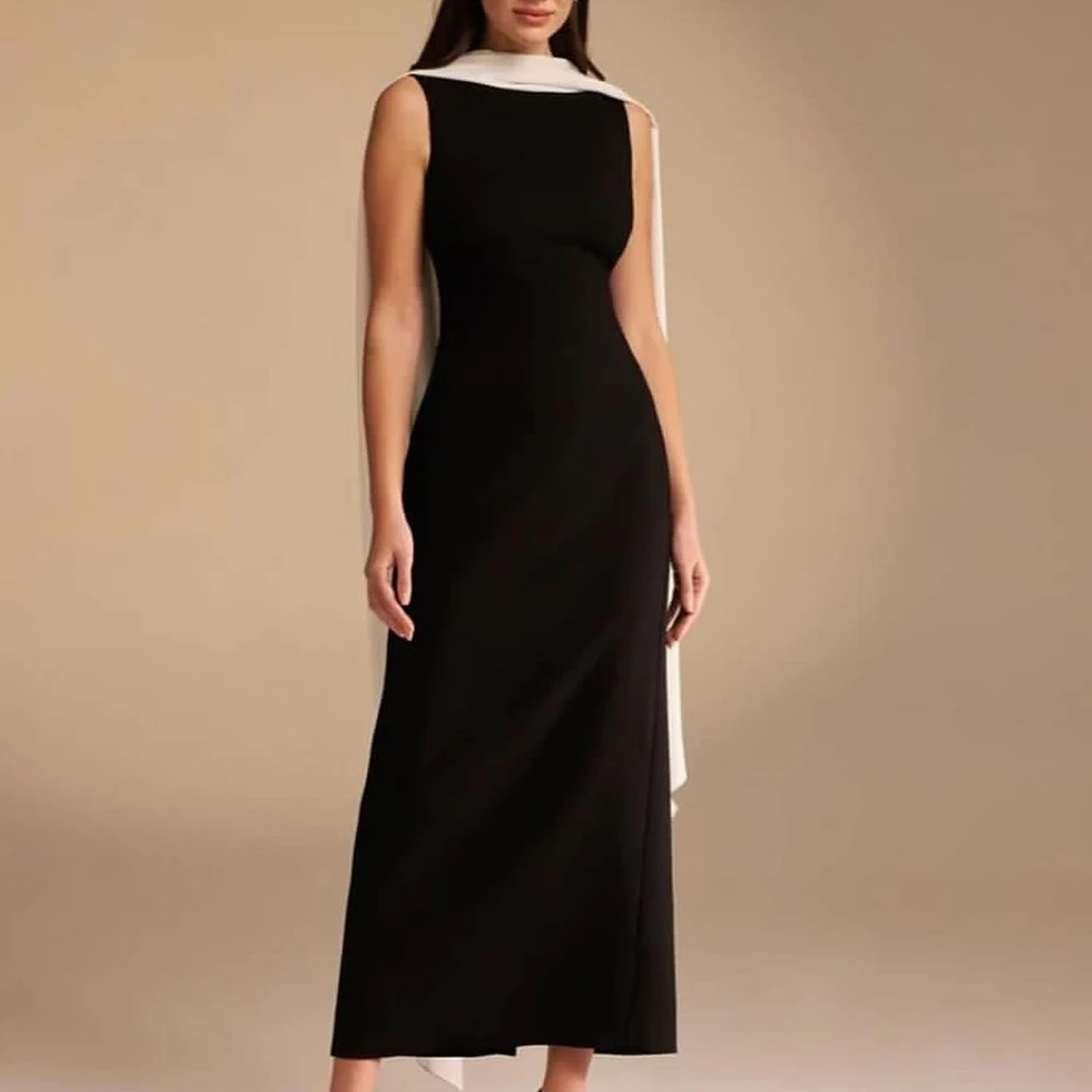 

Customized Temperament Jersey Off the Shoulder Evening Dress Modern Boat Neck Straight Sleeveless Tea Length Celebrity Gowns