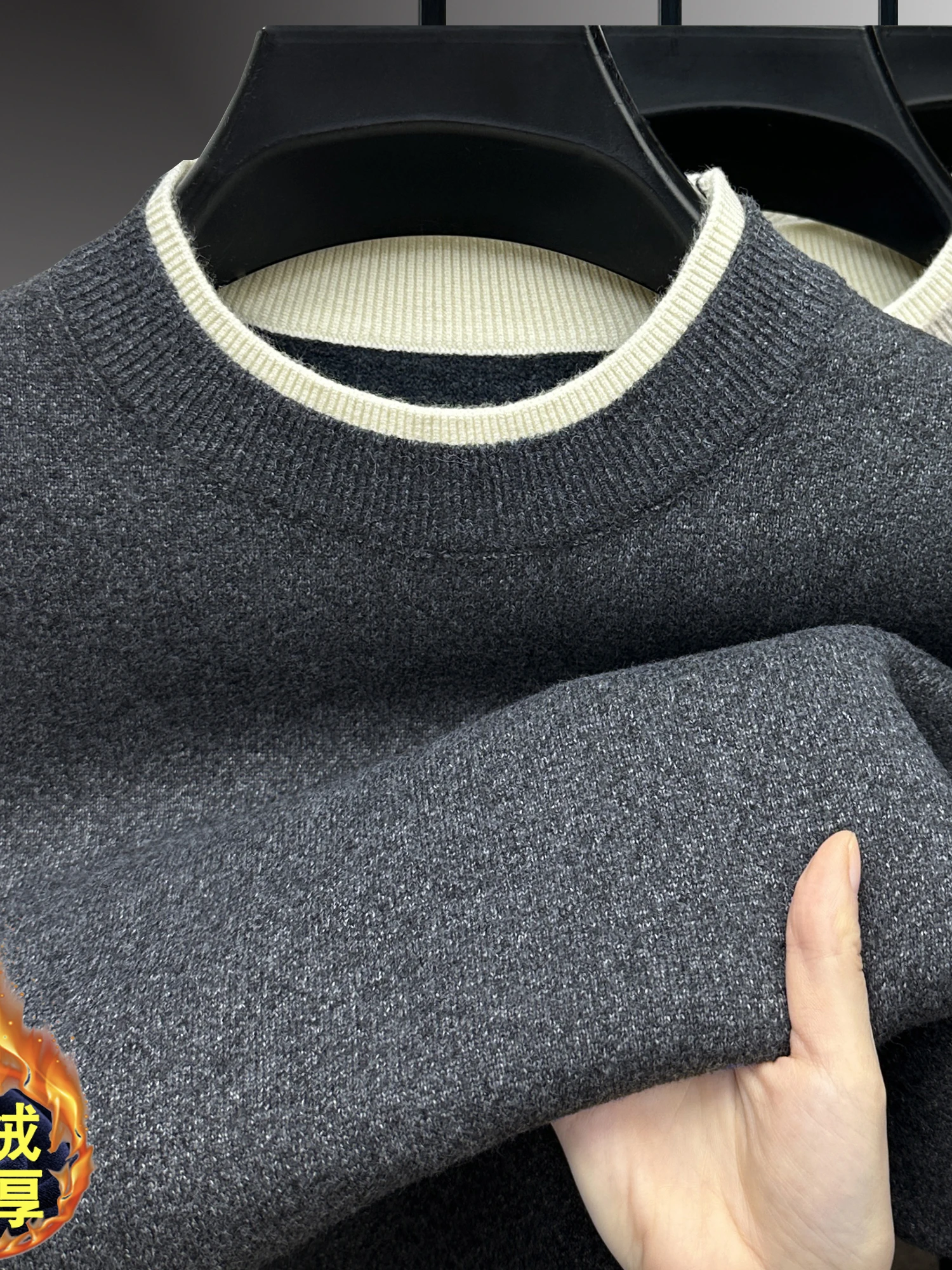 

Мужской теплый вязаный свитер с круглым вырезом и флисовой подкладкой, облегающий, для зимы, повседневный, из полиэстера