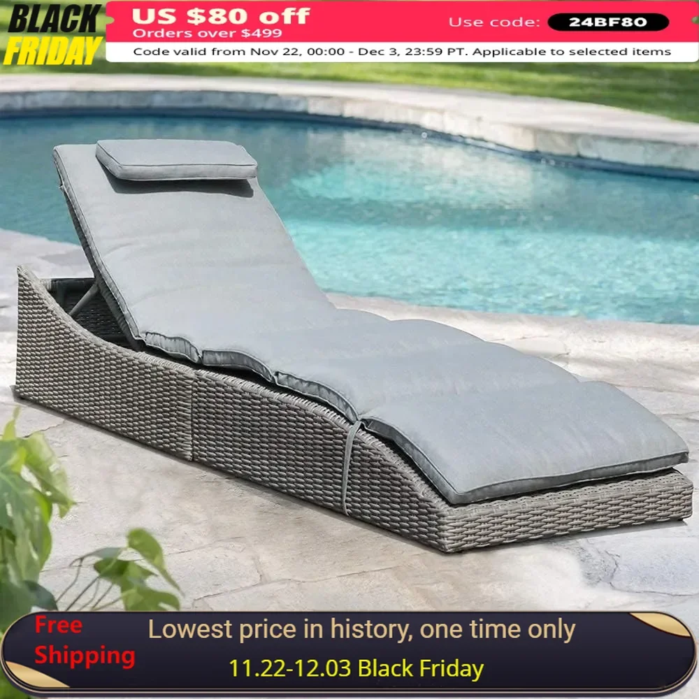 Outdoor Beach Chairs Chaise Lounge with Removable Cushion, Assembled, Rattan Reclining Lounger for Pool Beach,Beach Chairs