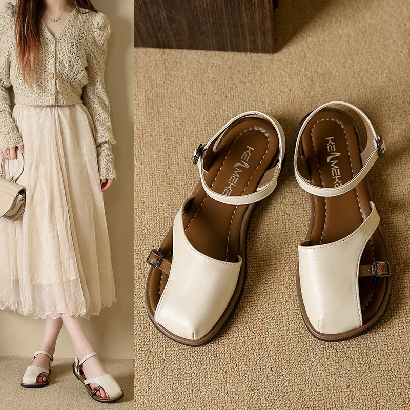 Beige Heeled Sandals Buckle Strap Comfort Shoes for Women 2025 Summer Black Flat Clear Low Fashion New Closed Girls Fretwork Cas