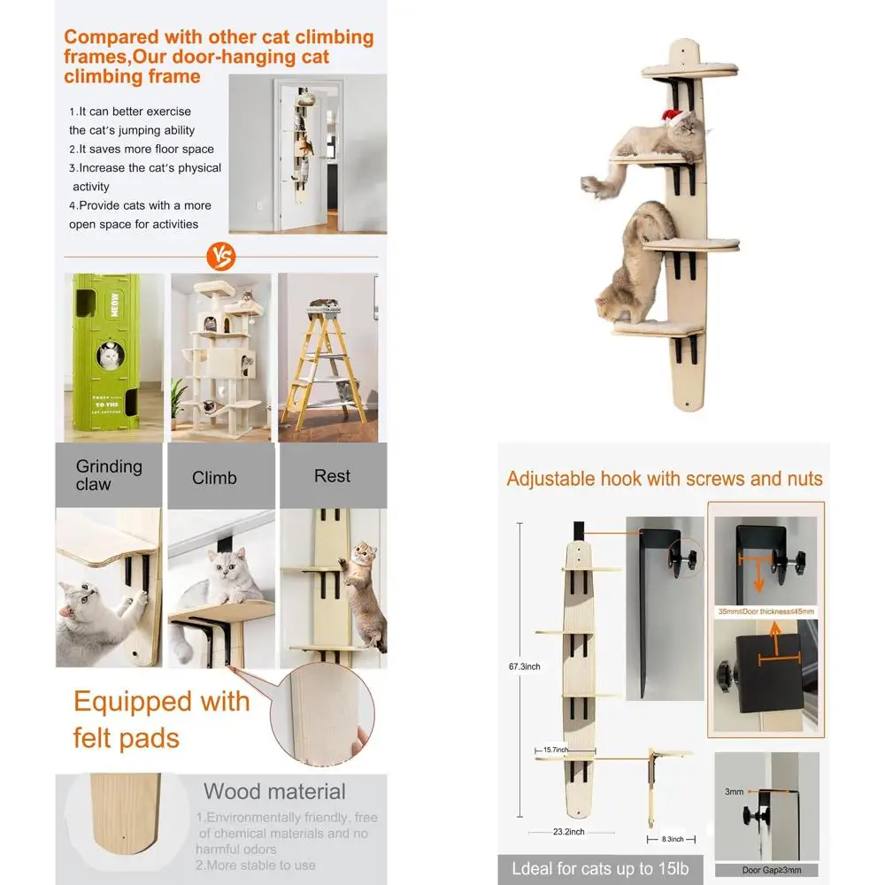 

Indoor Wooden 4-Level Door-Mounted Cat Climber with Soft Mat - 67.3H x 23.2L x 8.3W