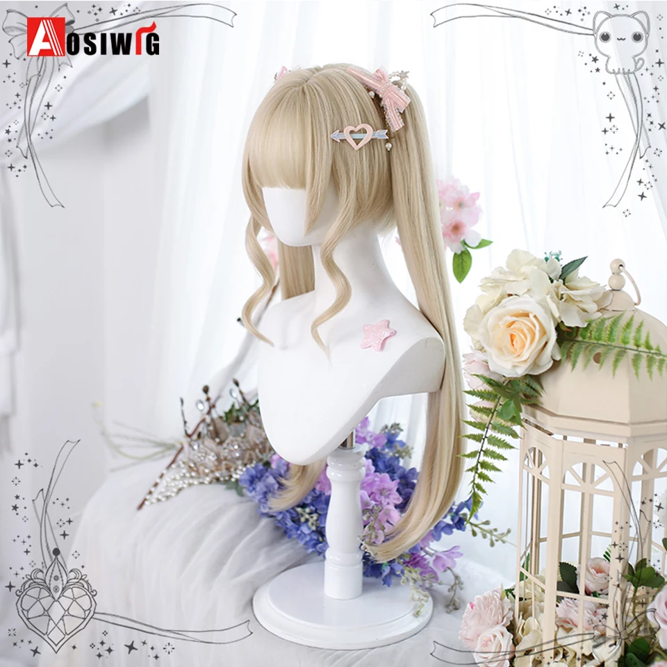 AOSI Blonde Twin Ponytail Princess Cut Natural Short Hair Synthetic Wigs With Bangs For Women Heat Resistant Cosplay Lolita Hair