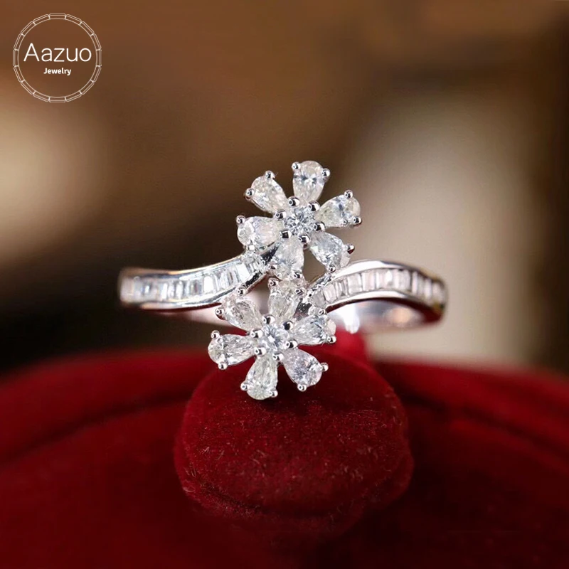 Aazuo Fine Jewelry 18K White Gold Real Diamonds 0.60ct Luxury 6 Leaf Flower Ring Gift For Women  Engagement Halo anillos mujer