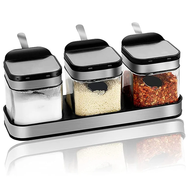 

Condiment Jar Spice Container With 304 Stainless Steel Lids & Spoons,Clear Glass Condiment Canisters Pots Seasoning Box