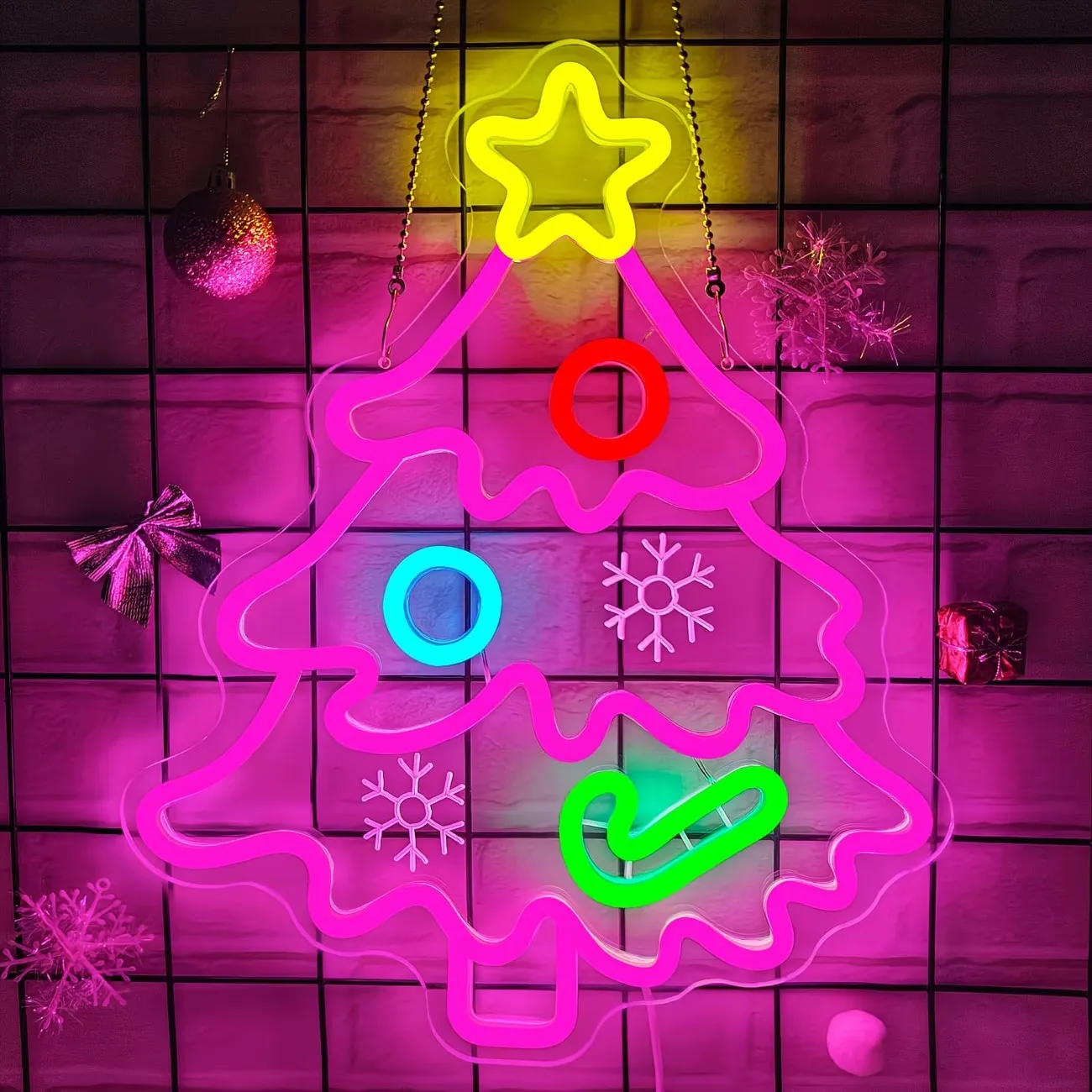 Pink Multicolor Christmas Tree Neon Light Sign LED Wall Decor Unique Xmas Gift For Bedroom Bar Holiday Party Decoration