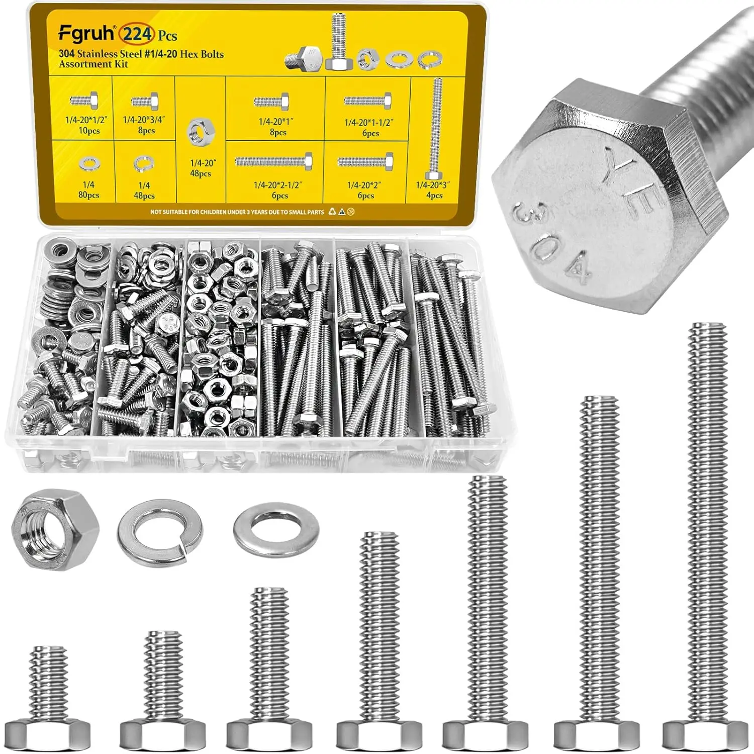 

224PCS 1/4-20 Hex Bolts Nuts Assortment Kit, Stainless Steel SAE Fully Threaded Set with Washers
