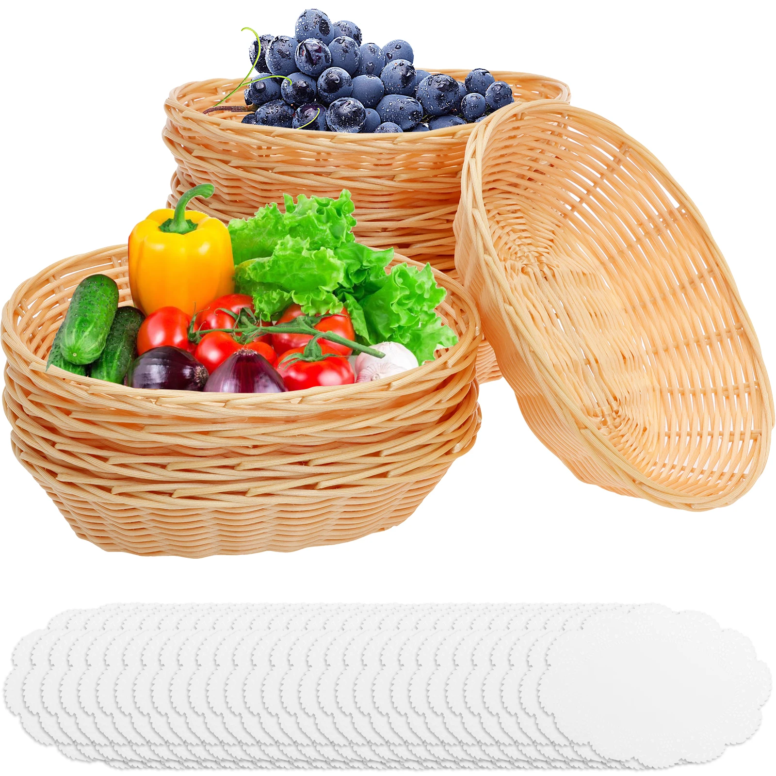 

12Pcs Plastic Woven Bread Serving Basket with Blotting Sheets Rattan Storage Bowls Fruit Snack Display Basket Kitchen Supplies