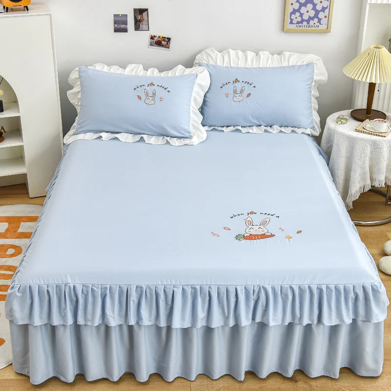 Solid Color Bed Skirt Cartoon Bunny Flowers Pattern Embroidery Wraparound Bedding Skirt, 17 Inch Drop Bedskirt with 2 Pillowcase