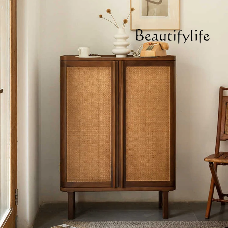 Nordic Retro Black Walnut Solid Wood Shoe Cabinet Home Doorway Japanese Style Rattan Entrance Cabinet