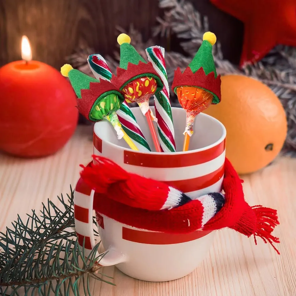 12pcs Lollipop Hat Mini Christmas Hat Gift DIY Elf Craft Supplies Christmas Santa Hats Bottle Ornament Cup Bottles Cover