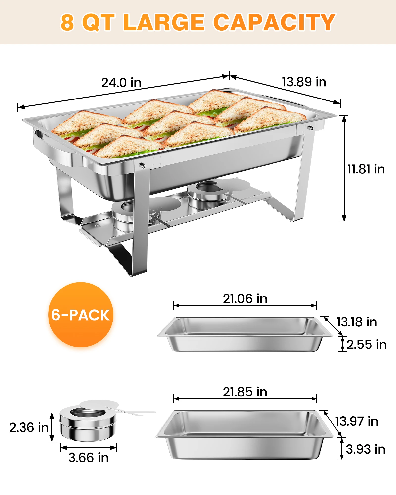 6 Pack 8QT Chafing Dish Buffet Set Stainless Steel Food Warmer Chafer Complete Set with Water Pan, Chafing Fuel Holder for Party