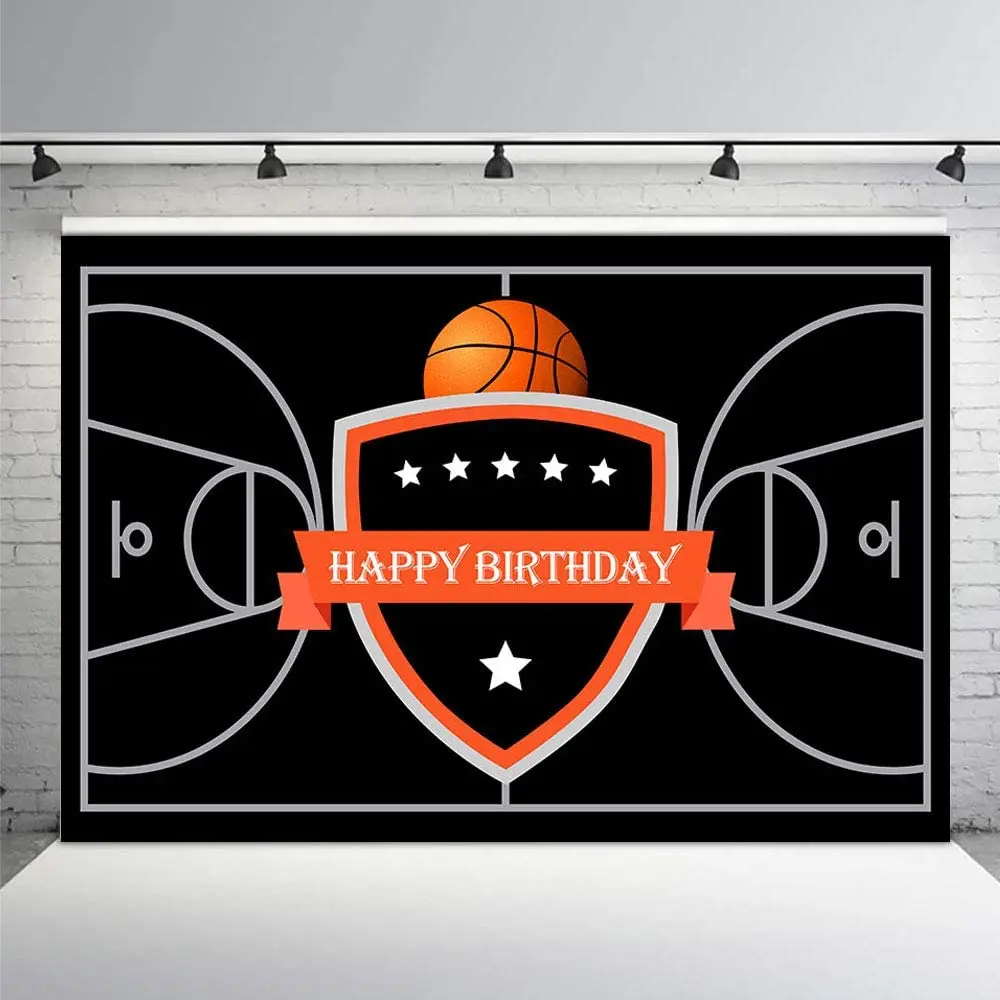 

Happy Birthday Photography Backdrop Party Decoration Black Basketball Theme Court Stars Banner Photo Studio Background