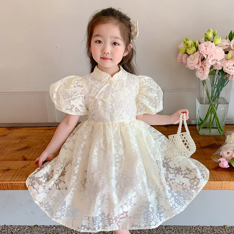 ' Dress2024New Girls' Floral Princess Children'S Summer Short Puff Sleeve Dress