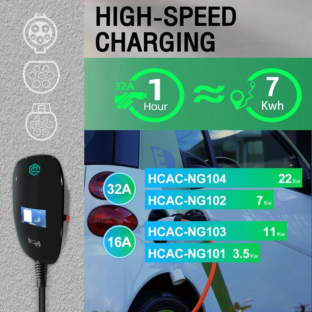 Type 2 Plug European 3.5KW 7KW 11KW 22KW Power IP55 32A AC EV Charging Station Leak Protection Wallbox EV Fast Charging Station