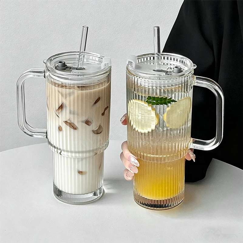 Taza de café de vidrio a rayas de 600ML con asa y tapa, vasos transparentes con pajita para jugo, café helado, artículos para beber