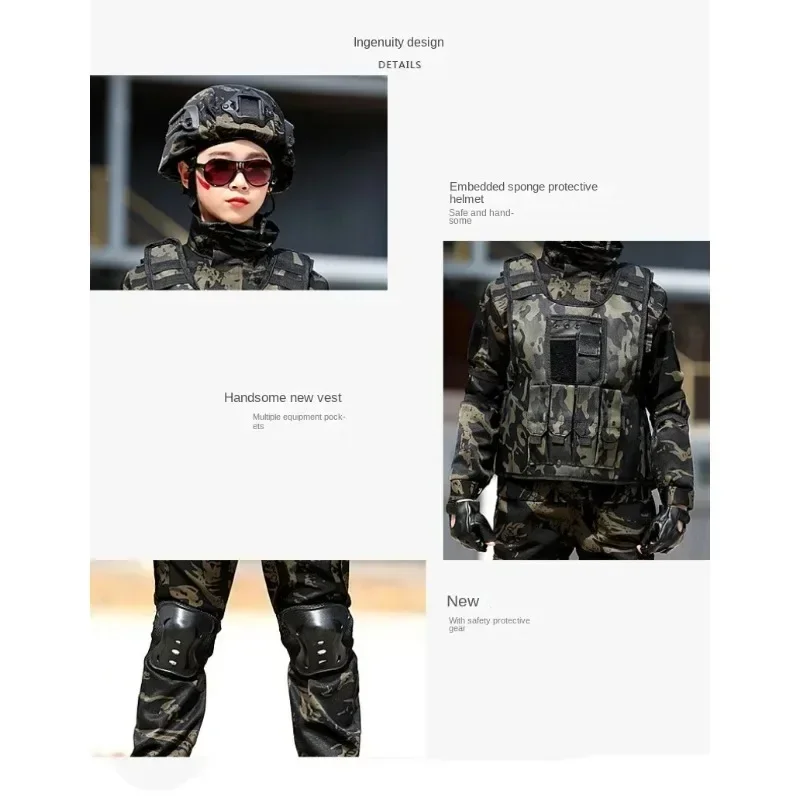 Children's Tactical Military Uniform Costume Camouflage Disguise Army Suit for Kid Girl Scout Boy Soldier Halloween Party view 6