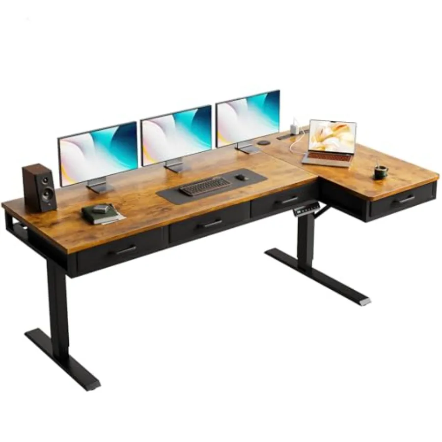 L Shaped Electric Standing Desk with 4 Drawers for home office, engineered wood, white, height-adjustable dual-motor system