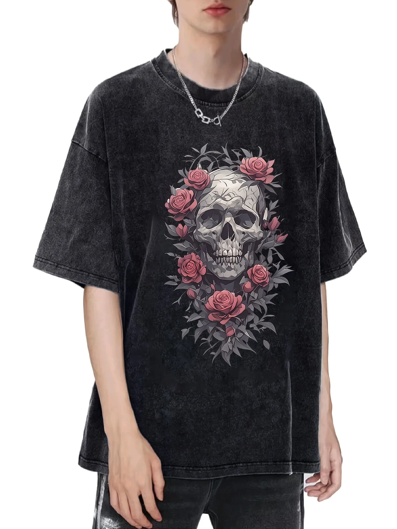 

Мужская повседневная футболка с круглым вырезом, 100% хлопок, графический принт с черепом и розами, свободный крой, можно стирать в машине, черный с розовым цветочным принтом