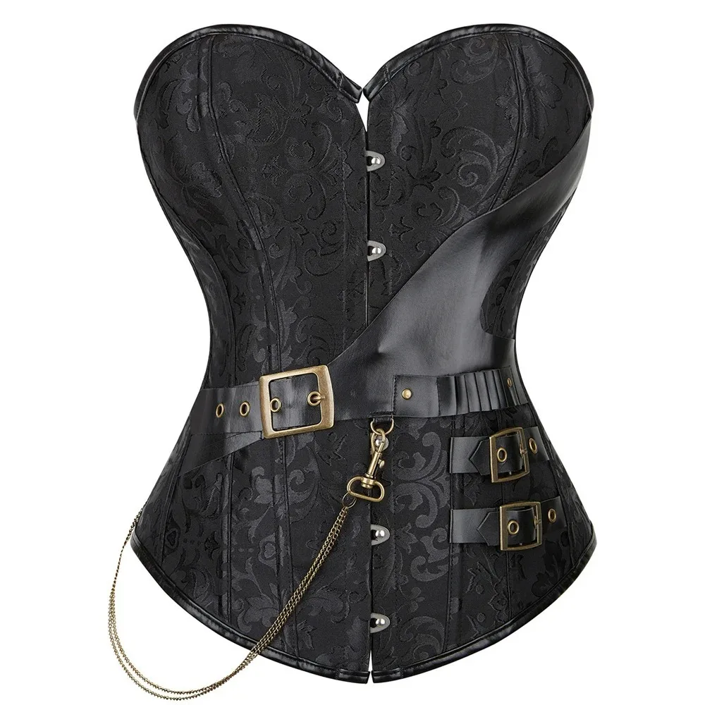 Overbust Corset Top Pirate Jacquard Vintage Corsets for Women Lace Up Corset Belt Steampunk Cosplay Costume Brown