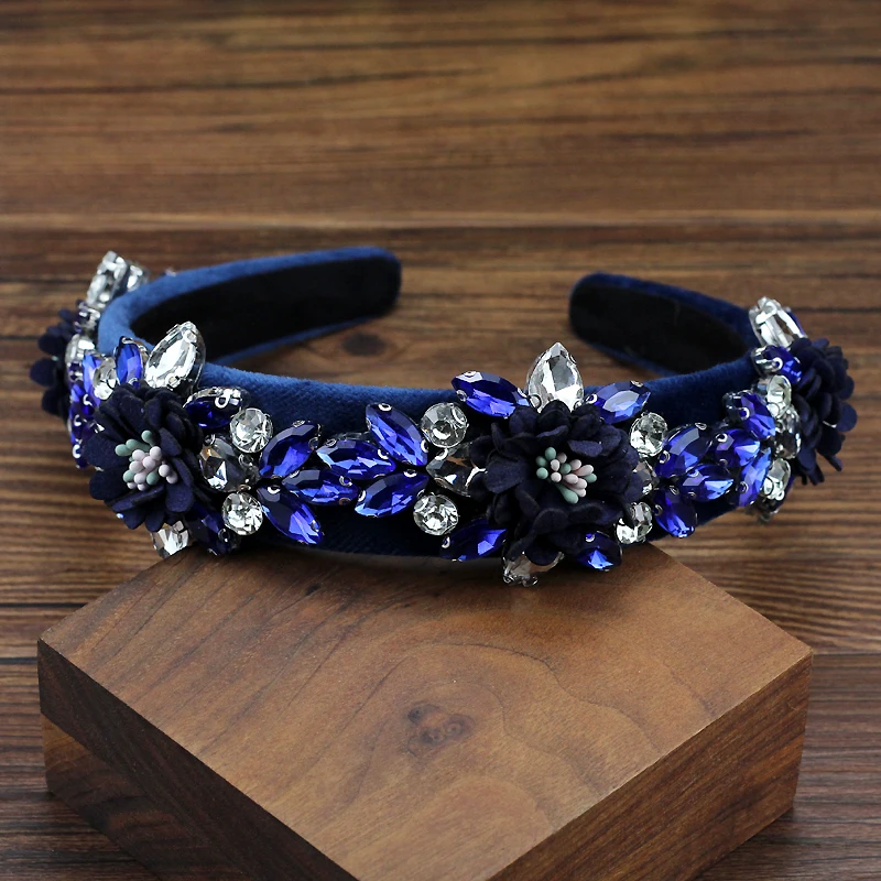 Handmade Gorgeous Blue Navy Red Crystal Flower Headbands Luxury Rhinestone Women Baroque Hairbands For Wedding Party