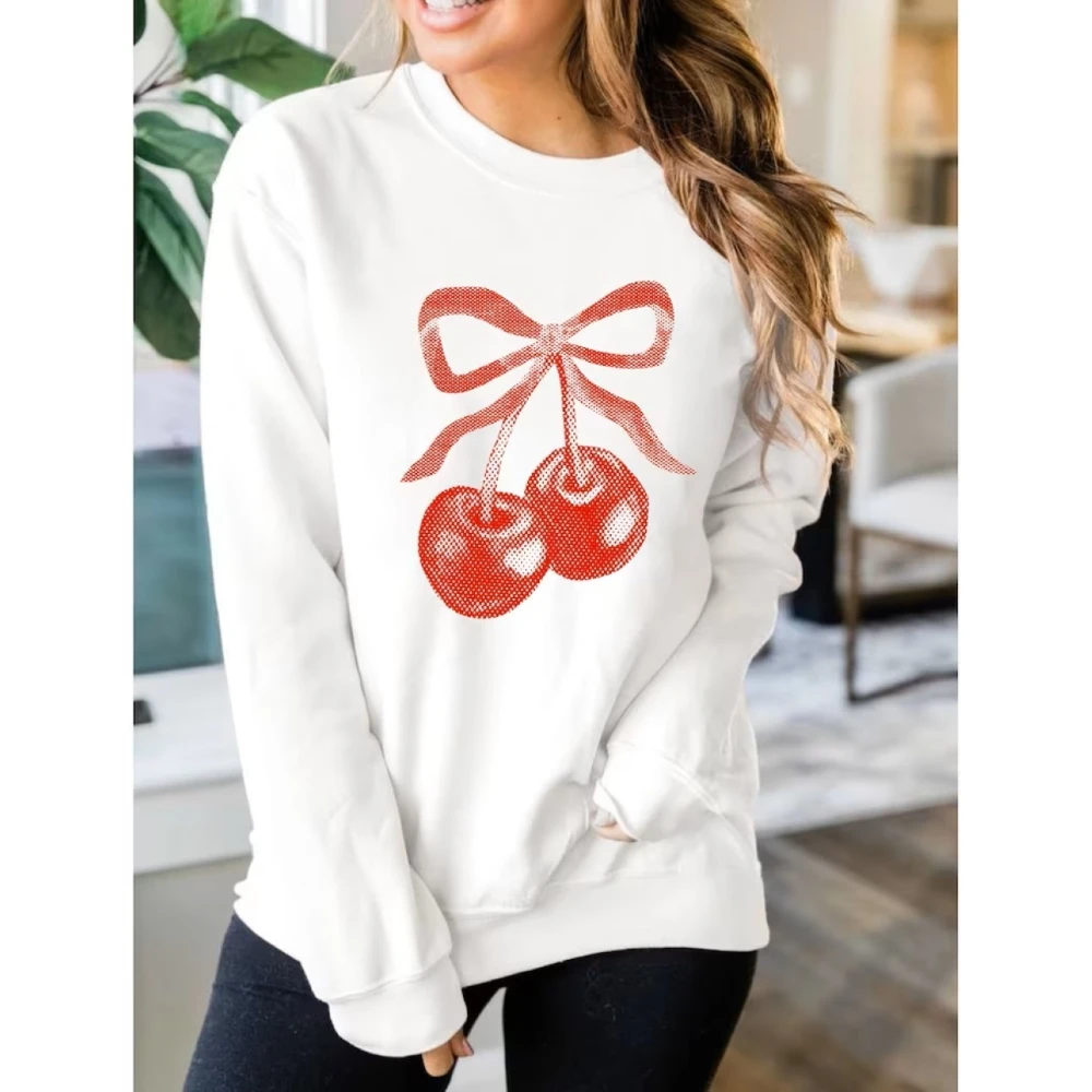 Y2k Cherry With Bow Ribbon Preppy Crewneck Sweatshirt Women Coquette Aesthetic Trendy Cute Pink Kawaii Harajuku CrewneckPullover