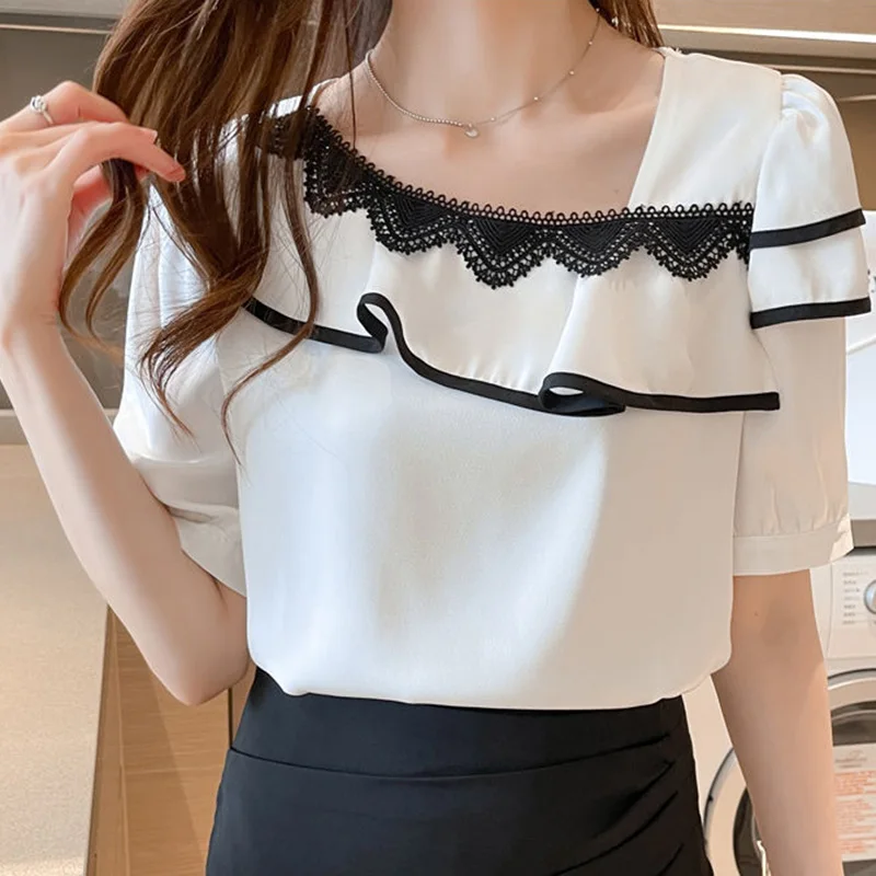 

Elegant Skew Collar Spliced Loose Ruffles Chiffon Blouse Women's Clothing 2023 Summer New Casual Pullovers Office Lady Shirt