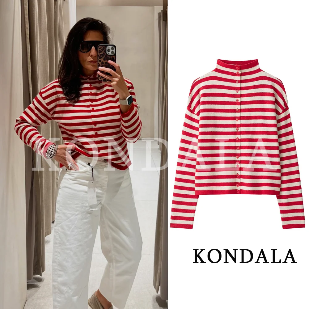 KONDALA Women Casual Striped Turtleneck Cardigan Elegant Chic Buttons Knitted Jacket 2026 Autumn/Fall Trendy Commute Cardigan