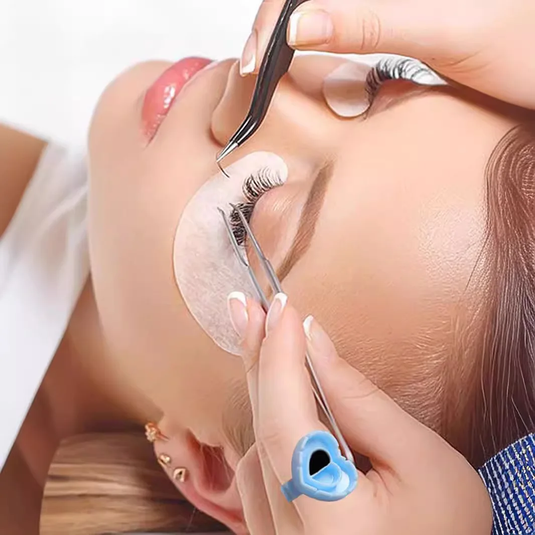 Caja de 100 Uds. De pegamento para extensión de pestañas, anillo floreciente, taza con forma de corazón, bandeja de pegamento integrada para pestañas, tazas para extensiones de pestañas