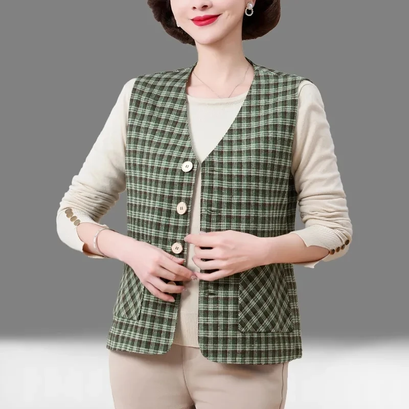 2024 Spring And Autumn Women's Thin Plaid Vest Fashion Short Vest Comfortable Single-Breasted Short Slim Outer Comfortable Cover