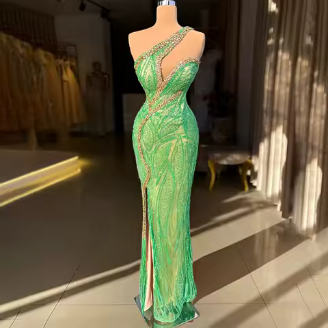 Crystal Bead Embroidered Evening Dress Slanted Collar Mermaid Slit Dress Fashion Evening Long Ball Gown Green Cocktail Dress