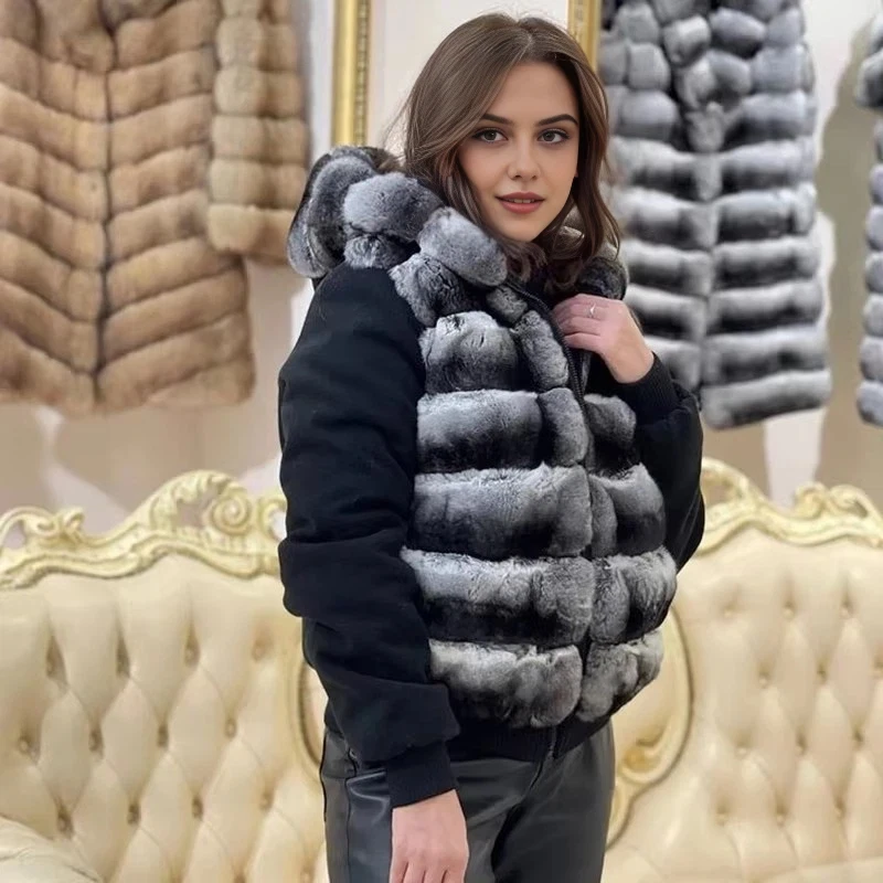 Gilet à capuche en fourrure véritable pour femme, manteau en fourrure de lapin Rex, mode automne et hiver