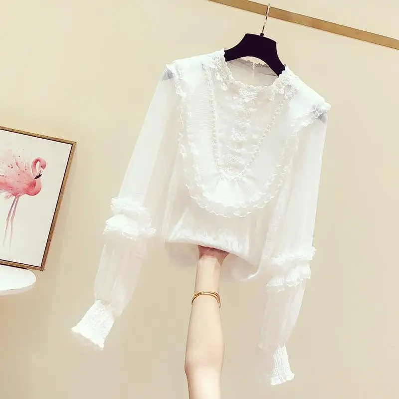 Elegant Stand Collar Lace Beading Ruffles Blouses Women\'s Clothing 2024 Spring Summer New Loose Korean Tops Office Lady Shirts