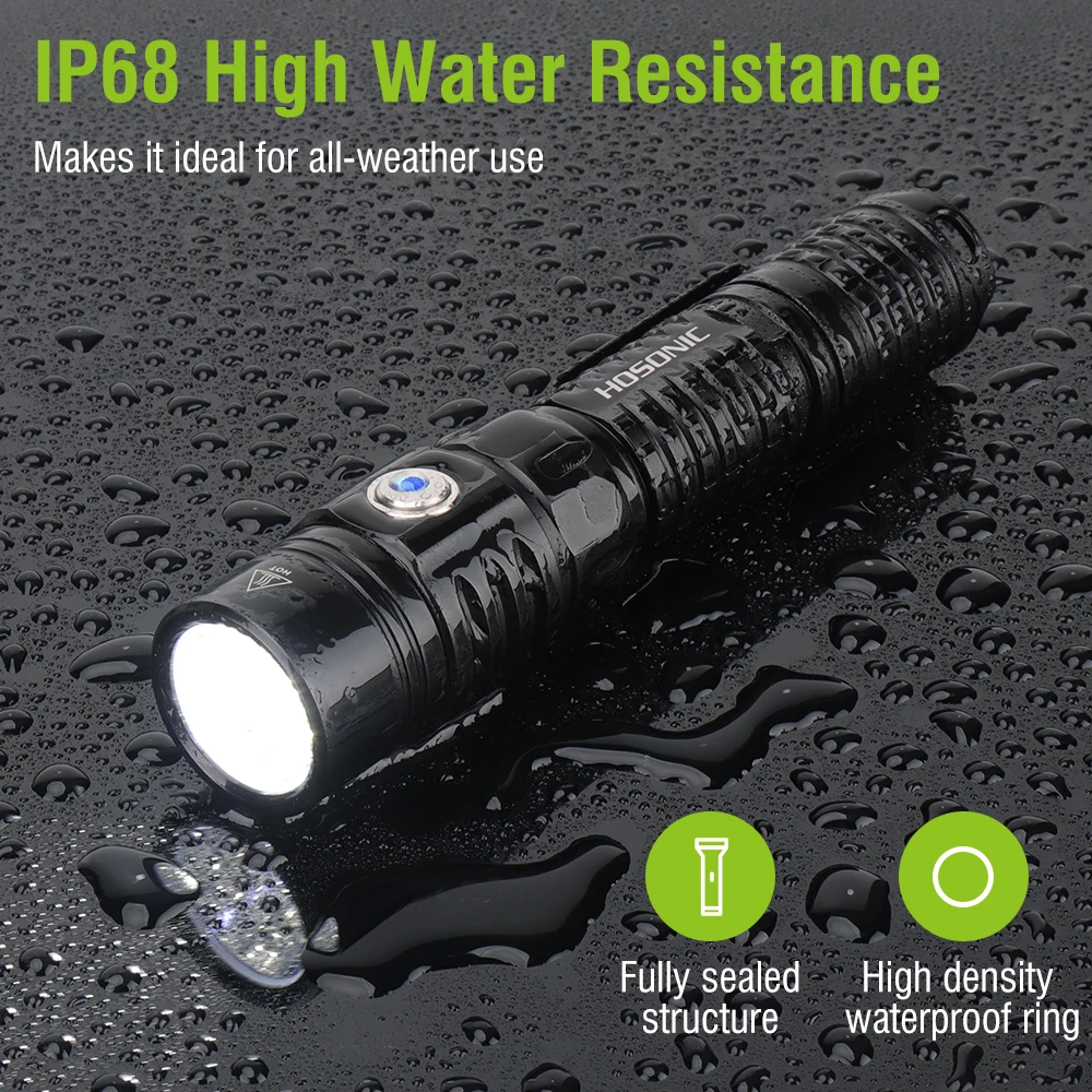 HOSONIC EC16 Tactical Flashlight SFT-40 1750LM Powerful LED Torch Type-c Rechargeable IP68 Waterproof Lantern with 18650 Battery