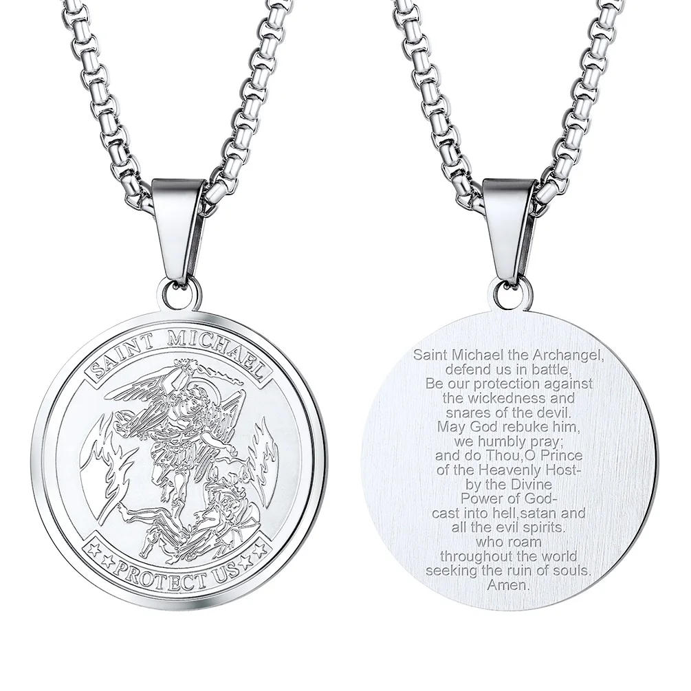 Saint Michael Archangel Vintage Catholic Necklace Men Pendant Round Medal Coin Jewelry